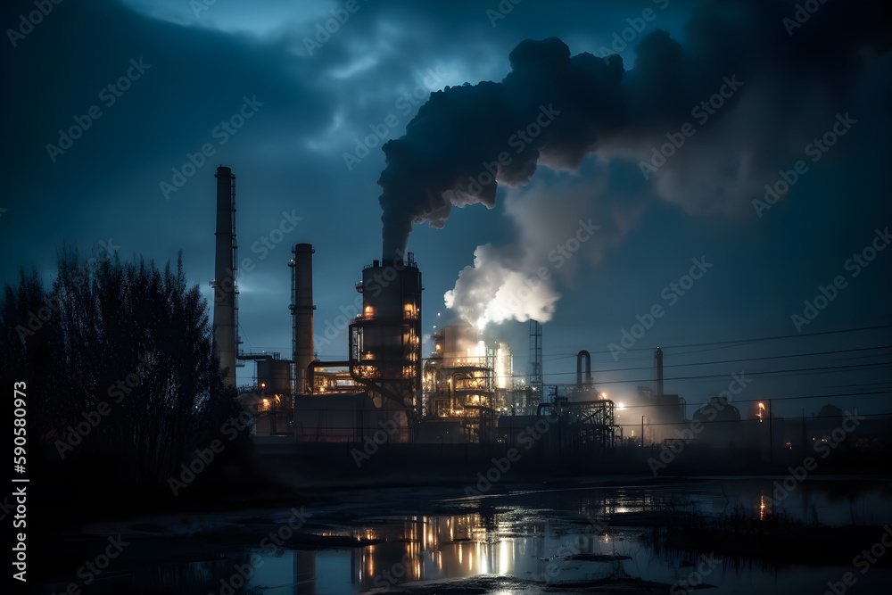 Industrial factories release exhaust fumes into the atmosphere. Generative AI

