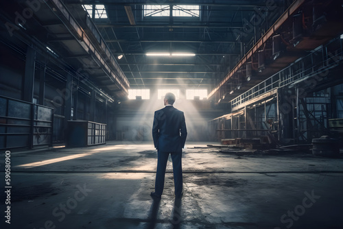 A man stands in an old factory, illuminated by a beam of light. Generative AI