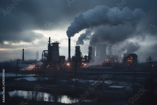 Industrial factories release exhaust fumes into the atmosphere. Generative AI 
