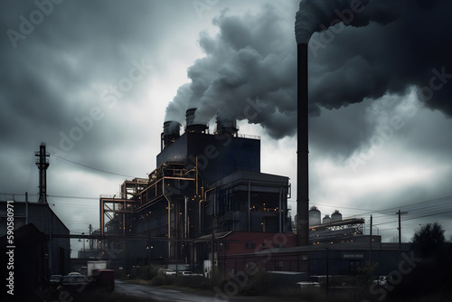Industrial factories release exhaust fumes into the atmosphere. Generative AI 