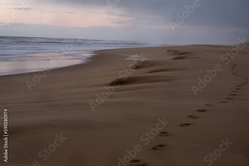 footprints in the sand  with washed out beach in evening descent light  moving water ocean