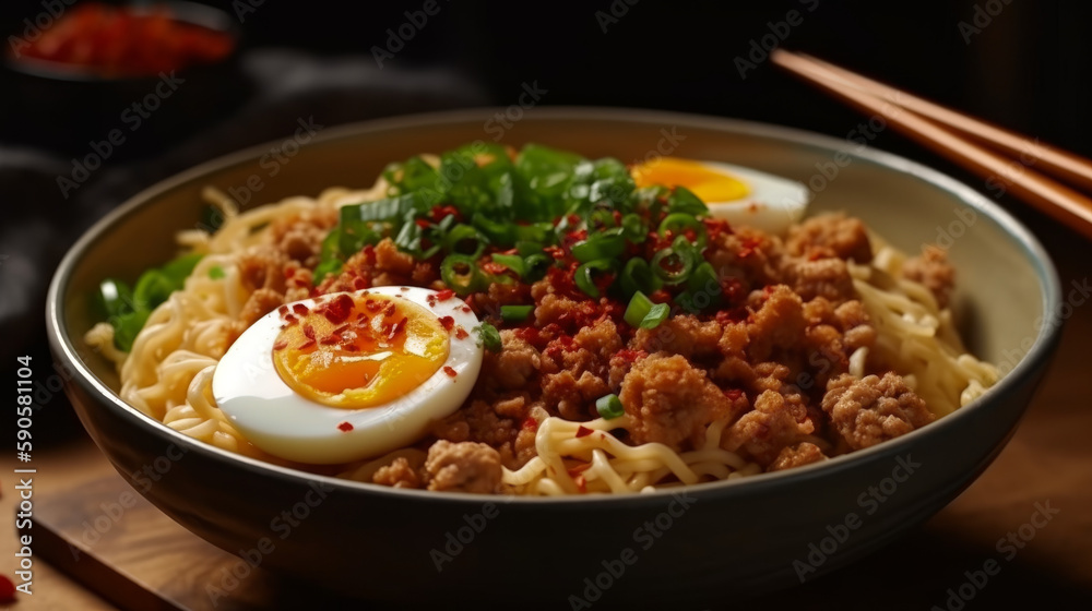 A delicous bowl of noodles with pork stripes and pasta, generative ai A delicous bowl of noodles with pork stripes and pasta, generative ai