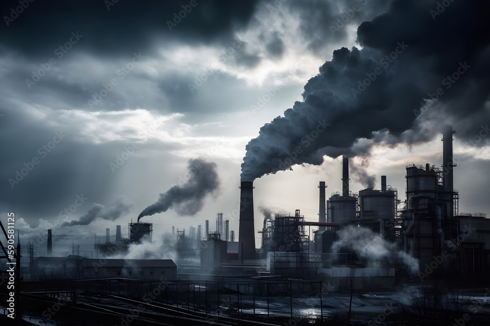 Industrial factories release exhaust fumes into the atmosphere. Generative AI

