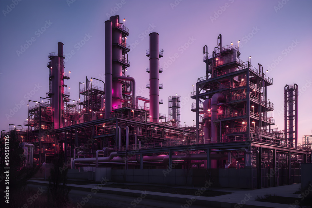 Obraz premium Petrochemical plant at twilight, petrochemical industry, industrial landscape. Generative AI