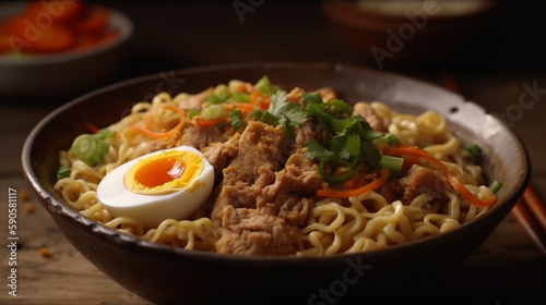 A delicous bowl of noodles with pork stripes and pasta, generative ai