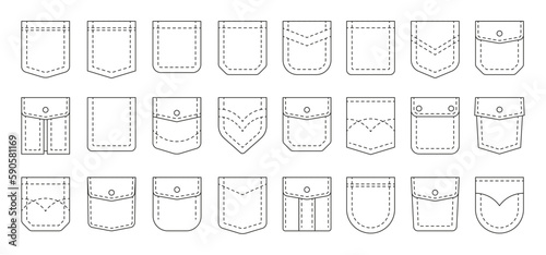 Line pockets. Sewing outline patches for men and women pants, textile uniform and bagged cloth elements. Vector cotton fabric shapes set. Fashion wear, casual style clothing isolated objects