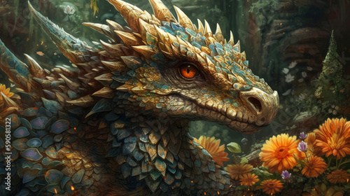 A dragon with eyes and head on a lot of flowers  generative ai