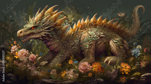 A dragon with eyes and head on a lot of flowers  generative ai