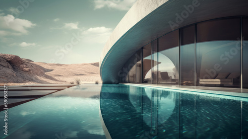 Pool full of water in futuristic building and big windows, generative ai © TheGoldTiger