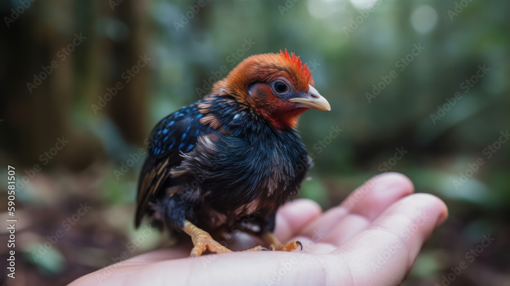 Fototapeta premium A fat tiny adorable rooster lyong in hand, generative ai