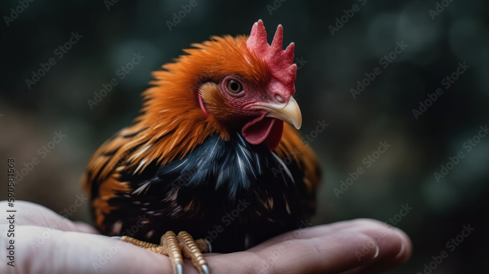 A fat tiny adorable rooster lyong in hand, generative ai