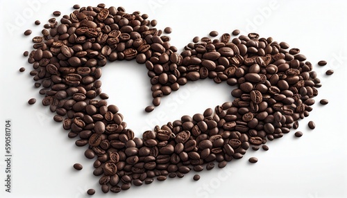 Heart-shaped coffee beans on a white background with Generative AI, representing love and concern for sustainable and organic farming.
