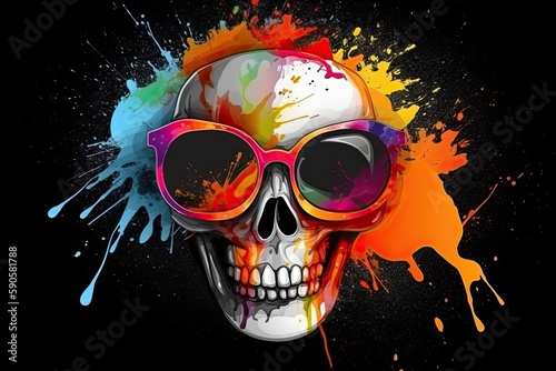 scull in sunglasses realistic with paint splatter abstract 