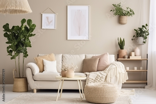 Cozy living room interior  stylish minimalist decor  Generative AI.