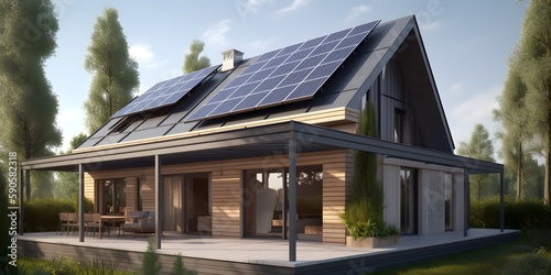 Modern house with solar photovoltaic panels on the roof. 3D rendering style of eco house concept. Generative Ai. © ckybe