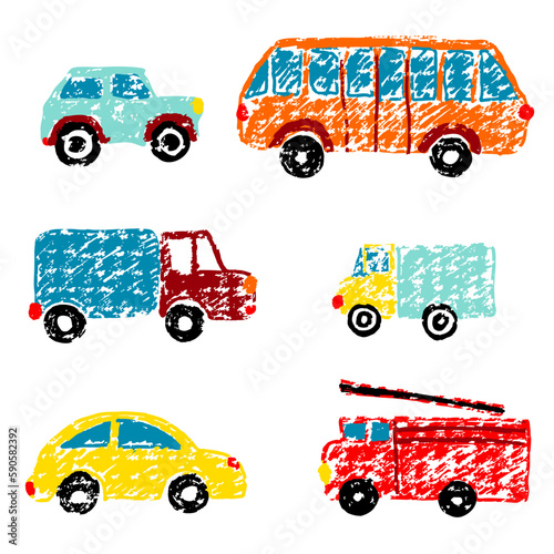 Set of primitive cars in kids style. Simple kids illustration hand drawn by crayola or pencils