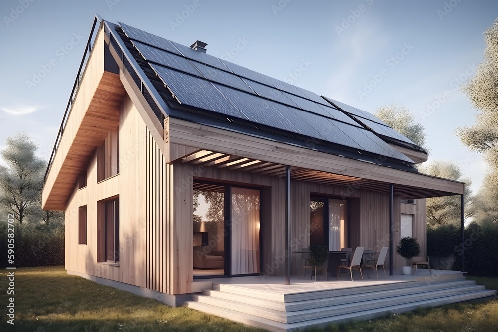 Modern house with solar photovoltaic panels on the roof. 3D rendering style of eco house concept. Generative Ai. Modern house with solar photovoltaic panels on the roof. 3D rendering style of eco house concept. Generative Ai.