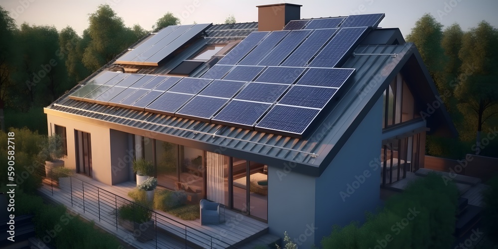 Modern house with solar photovoltaic panels on the roof. 3D rendering style of eco house concept. Generative Ai.