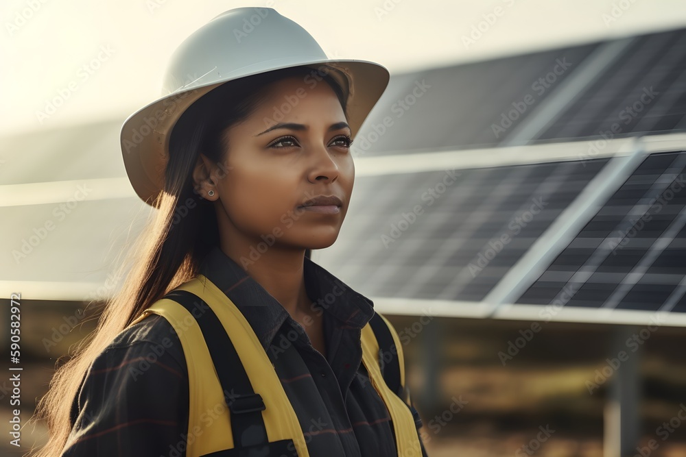 Professional latino woman engineer looking away with pleasure smile while working at ecological green field with solar panels. Photovoltaic power station concept. Generative ai.
