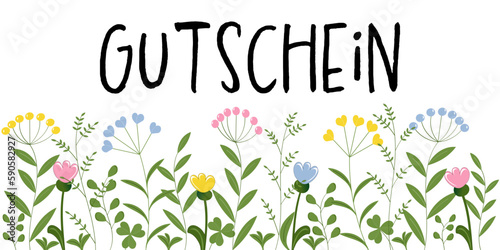 Gutschein, Text in deutsch. Banner mit Kräutern und Blumen in Pastellfarben.
