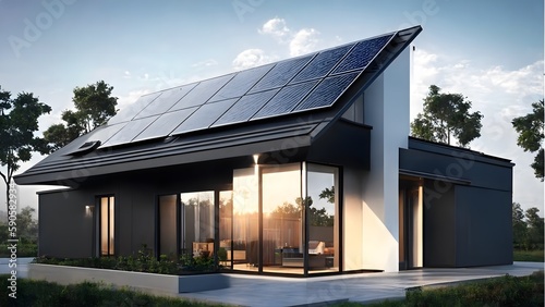 Solar panels on the roof of the modern house. 3D rendering. Photovoltaic eco panels concept. Generative Ai.