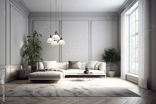 modern living room with a white couch and a potted plant as a decorative element. Generative AI