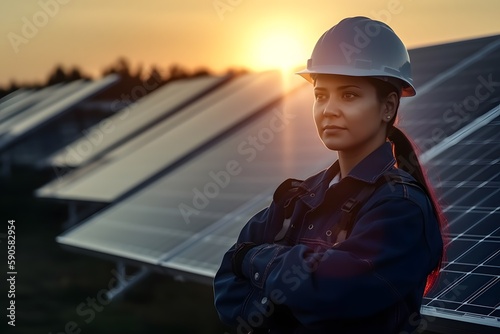 Professional latino woman engineer looking away with pleasure smile while working at ecological green field with solar panels. Photovoltaic power station concept. Generative ai.