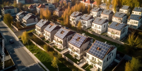 Aerial drone view of modern residential area with solar photovoltaic panels.. Generative Ai.