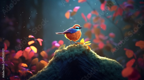 Enchanting Perched Bird: Detailed Magical Tree Scene. Generative AI