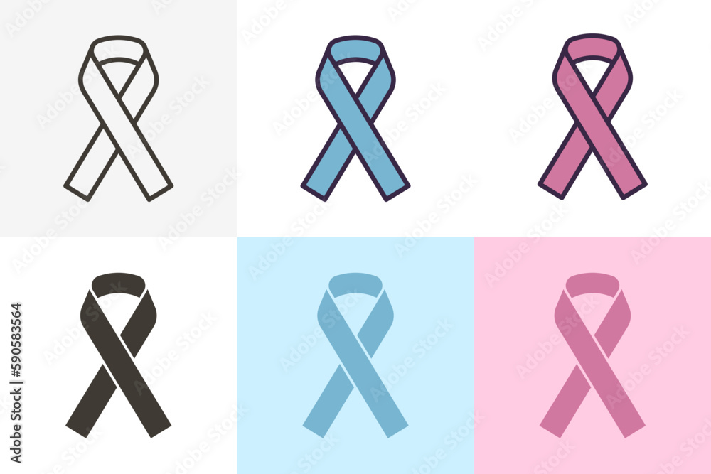 Awareness ribbon in different styles. Vector thin line icon illustration. Symbol for awareness of different male and female diseases like colon, prostate cancer, breast cancer. Pink and Blue - obrazy, fototapety, plakaty 