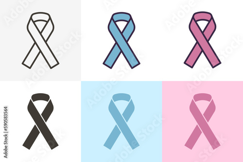 Awareness ribbon in different styles. Vector thin line icon illustration. Symbol for awareness of different male and female diseases like colon, prostate cancer, breast cancer. Pink and Blue