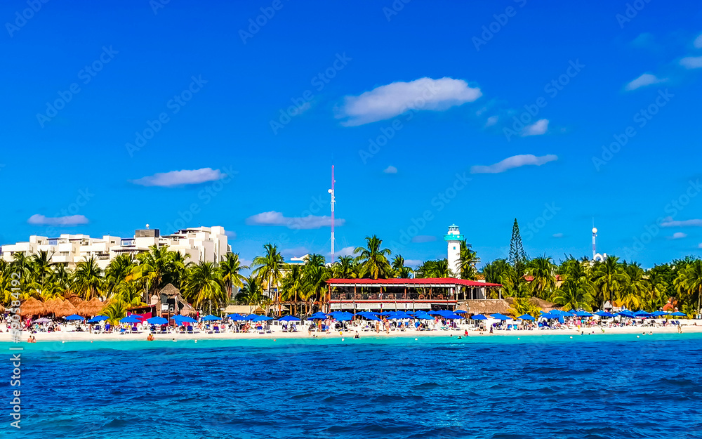Isla Mujeres panorama view from speed boat in Cancun Mexico.