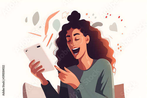 Flat vector illustration Happy, excited, shocked mixed race millennial woman with open mouth looking at phone, reading message, playing game