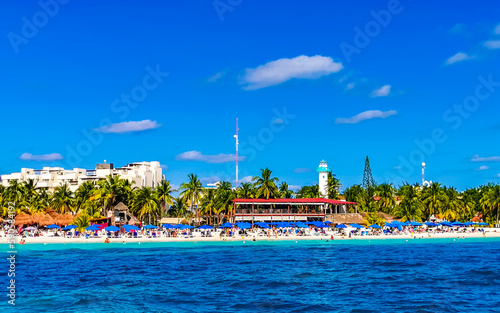 Isla Mujeres panorama view from speed boat in Cancun Mexico.