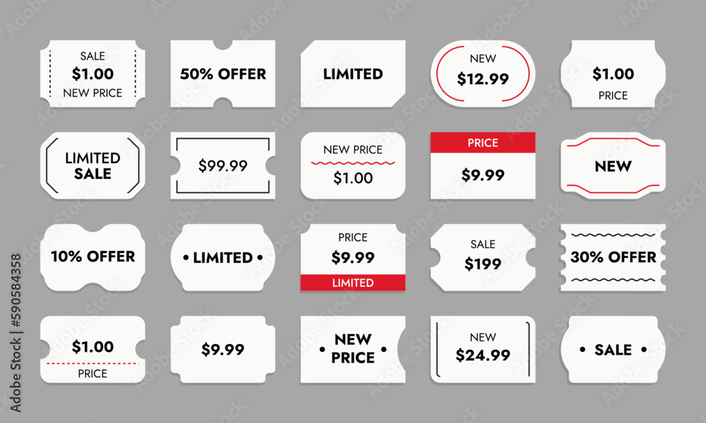 Vetor do Stock: Products price stickers. Price tag mockup with date code,  supermarket blank stickers for sale expiration mark, grocery product id.  Vector set. Badges for shopping of various shapes | Adobe