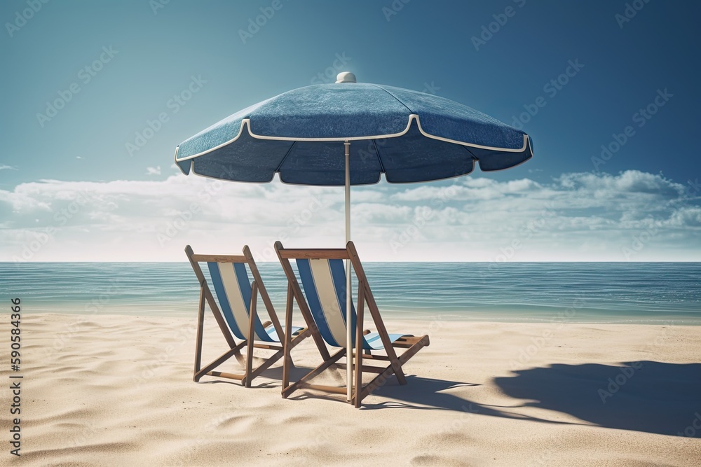 two beach chairs under a colorful umbrella on a sandy beach with ocean waves in the background. Generative AI
