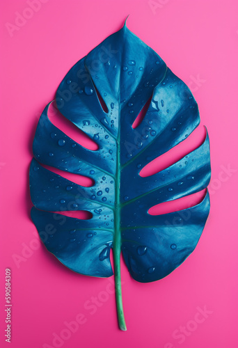 Close up of blue monstera leaf with drops on pink background. Generative AI