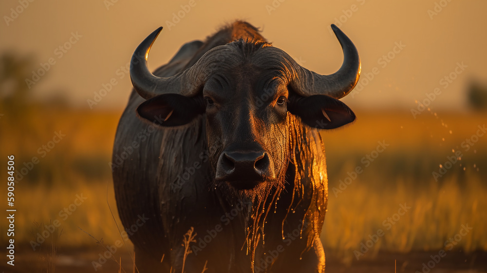 Naklejka premium buffalo on the background of the African savannah, hot day, animals of Africa. ai generative