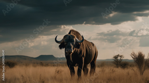 buffalo on the background of the African savannah  hot day  animals of Africa. ai generative