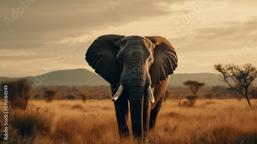 elephant on the background of the African savannah, hot day, animals of Africa. ai generative