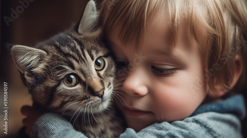 A small cute child with a Siberian cat 