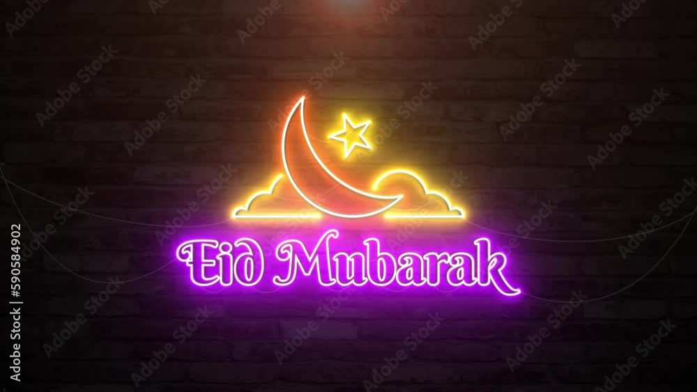 Eid mubarak in wall background with neon animation. Seamless loop video