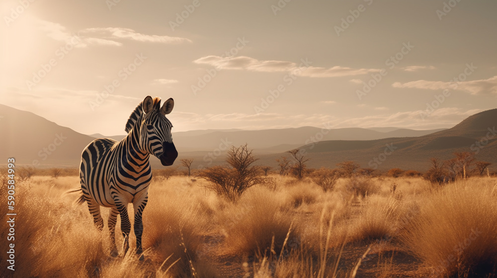 Obraz premium zebra on the background of the African savannah, hot day, animals of Africa. ai generative