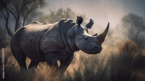 rhinoceros on the background of the African savannah  hot day  animals of Africa. ai generative