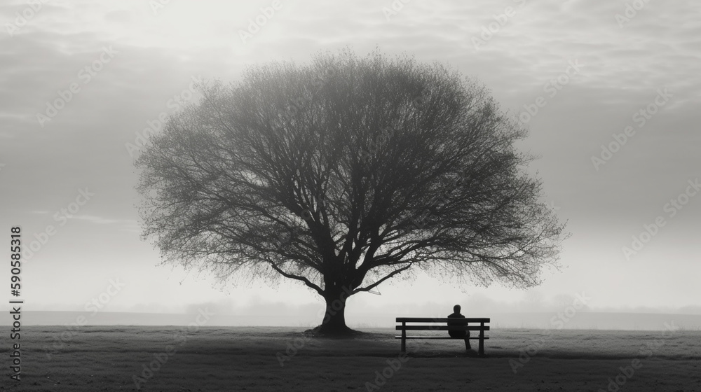 A person sitting on a bench next to a tree and a lone tree in the distance desaturated a black and white photo minimalism. back view. Generative AI
