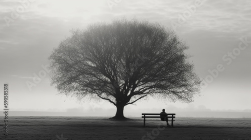 A person sitting on a bench next to a tree and a lone tree in the distance desaturated a black and white photo minimalism. back view. Generative AI