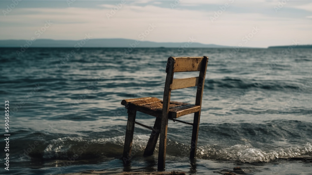 Old rustic empty chair at sea side Generative AI