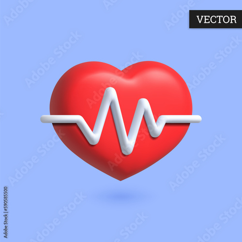 Heart with heart beat line 3d icon in cartoon style. Illustration of heartbeat pulse. Design element for medicine. Vector illustration.