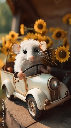 a cute little mouse rides in a car with sunflowers. greeting card . Generative AI