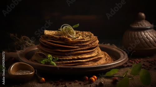 Aromatic Ethiopian Injera Bread with Spicy Sauce, food photography. Generative AI